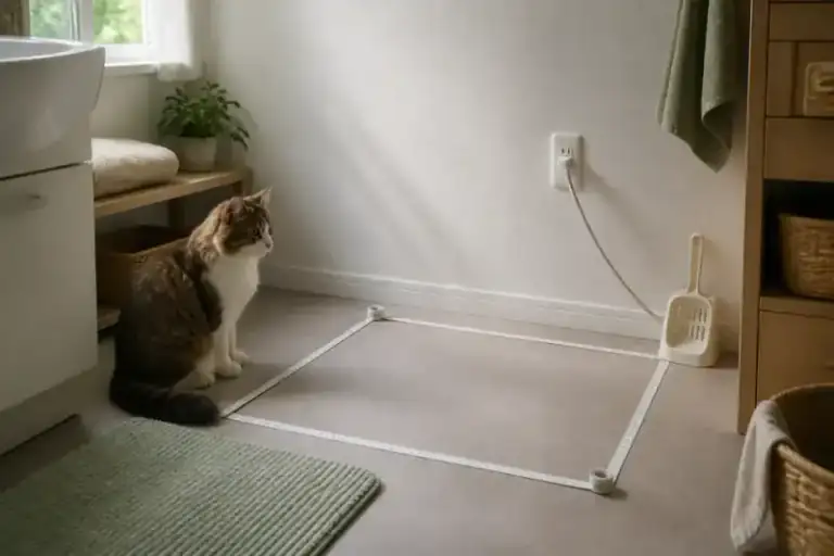 自動猫トイレを置く床面と電源位置を採寸する様子(NYALECTA編集部によるイメージ・商品写真ではありません)