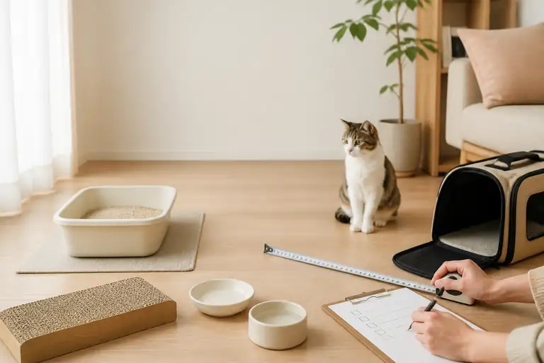 猫用品をそろえる前に設置場所と必要品を確認する様子（NYALECTA編集部によるイメージ）