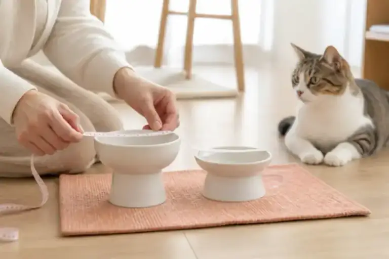 猫用食器の高さと幅を採寸する様子（NYALECTA編集部によるイメージ・商品写真ではありません）