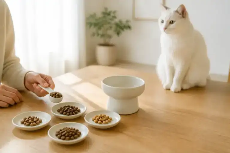 粒の大きさと一食量を比べながら猫用フードを選ぶ様子（NYALECTA編集部によるイメージ・商品写真ではありません）