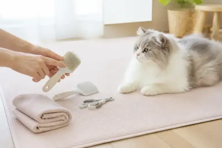 猫用ブラシや爪切りの形状を使用前に確認する様子（NYALECTA編集部によるイメージ・商品写真ではありません）