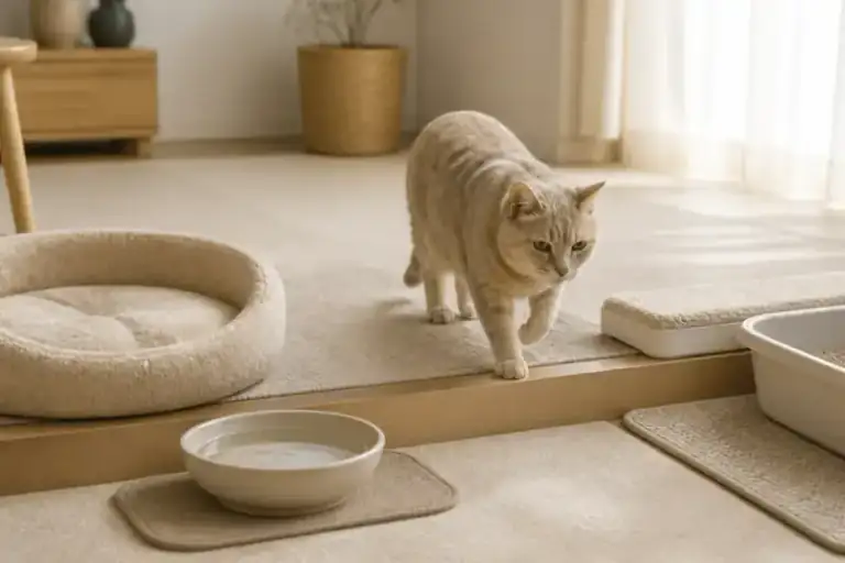 シニア猫が低い段差で生活用品へ移動できる配置（NYALECTA編集部によるイメージ・商品写真ではありません）