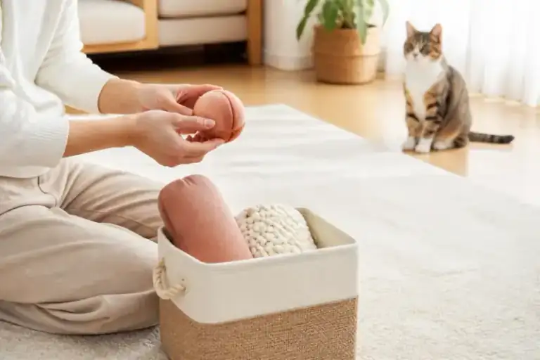 猫と遊ぶ前におもちゃの大きさと破損を確認する様子（NYALECTA編集部によるイメージ・商品写真ではありません）